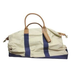 J. McLaughlin Large Sailcloth Duffle Signature Carryall Cream Navy Leather NOS